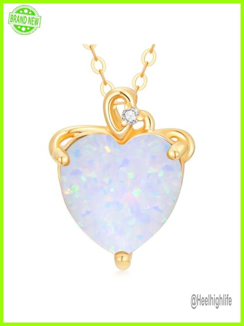 14K Solid Gold Opal Heart Pendant Necklace with Real Diamond 3CT